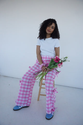 Rae Organic Cotton Pink Gingham Bow Trousers