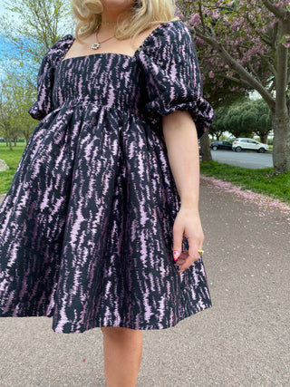 READY TO SHIP: Bea Mini Dress in Black and Pink Brocade