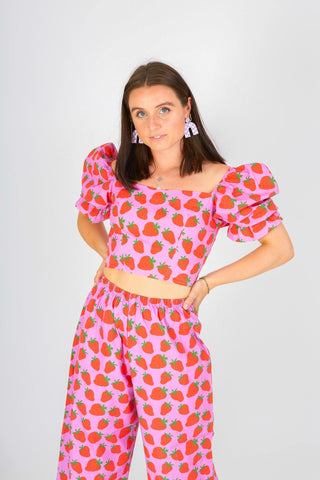 Sophie Strawberry Print Puff Sleeve Blouse - By Megan Crosby